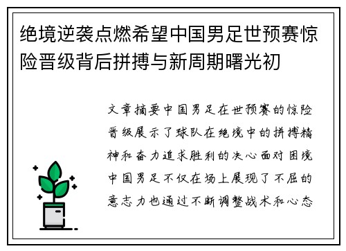 绝境逆袭点燃希望中国男足世预赛惊险晋级背后拼搏与新周期曙光初